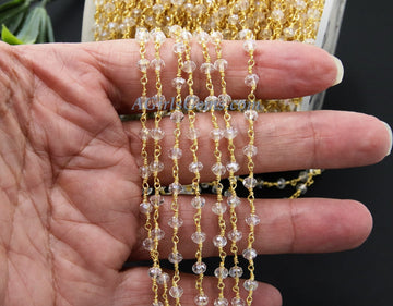 Clear Crystal AB Rosary Chain, 4 mm Mystic AB Crystal CH #329, Gold Plated Wire Wrapped Chains
